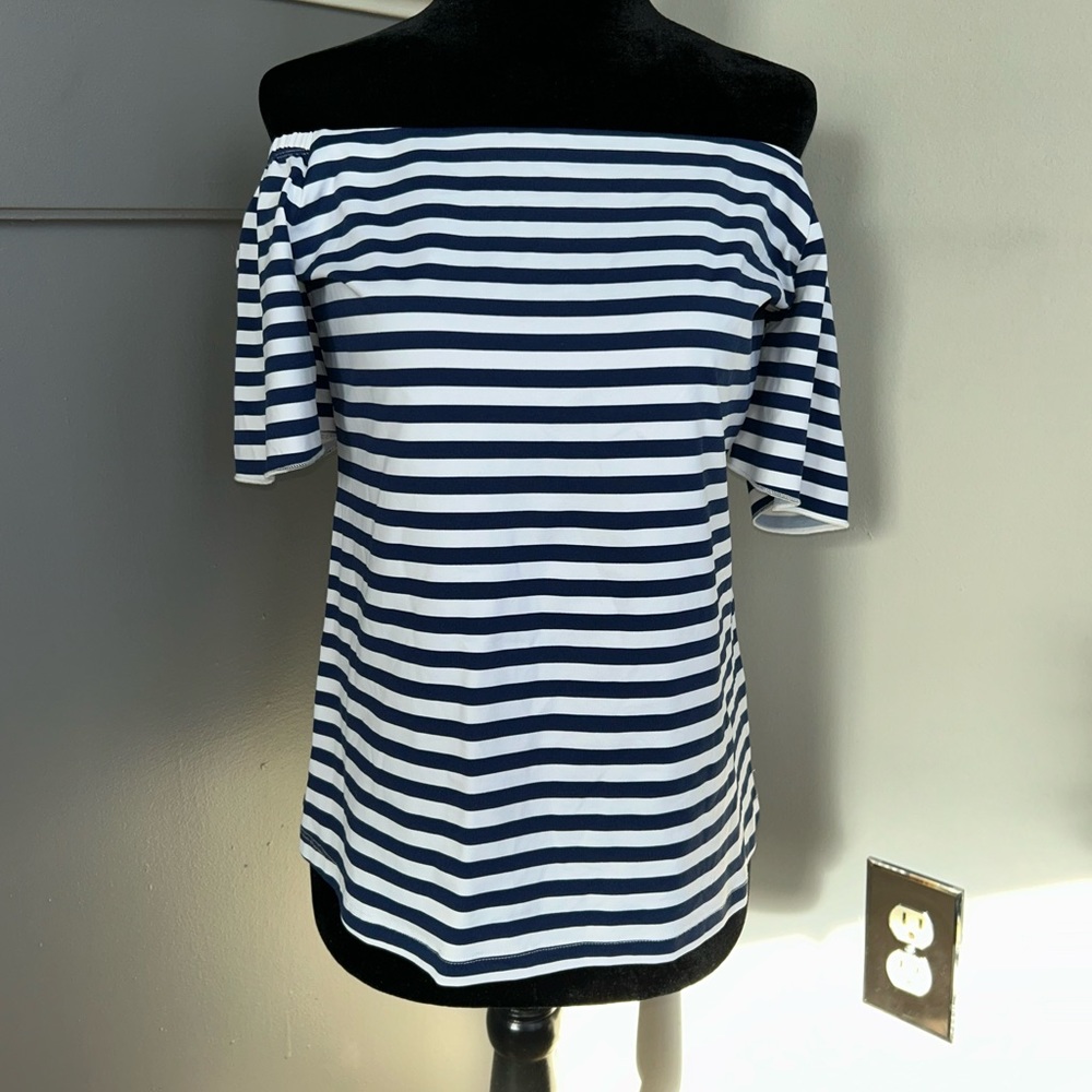J Mclaughlin Nomi Bangle Top S White Navy Stripe Catalina Cloth Off Shoulder